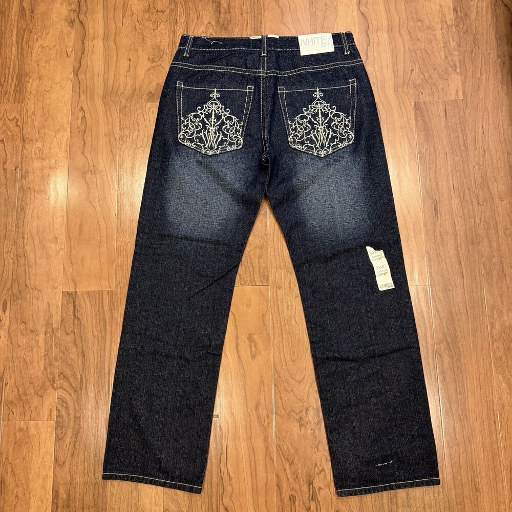 White Tag Premium Denim Jeans Mens 36x31 Relaxed Straight Dark Wash Embroidered